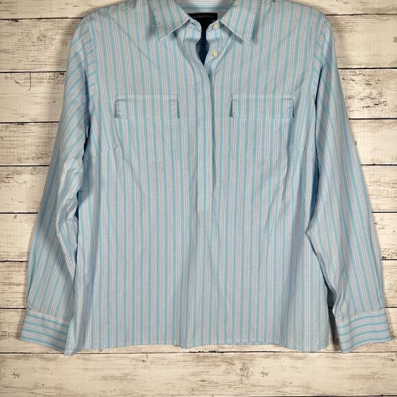Lands’ End Blue Pinstripe Popover Cotton Elastane Blouse 10 - Picture 2 of 8